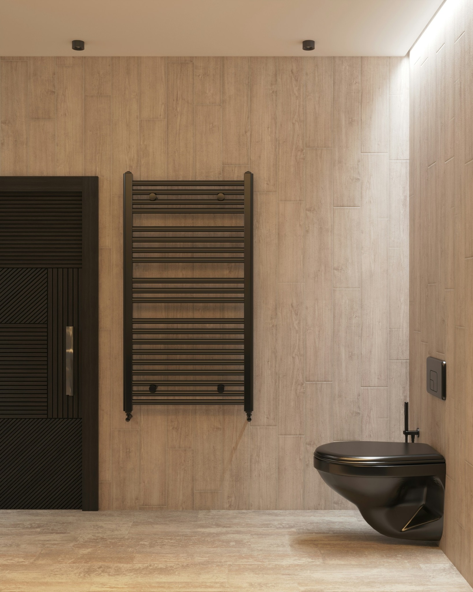 Moderne badkamer met houtlook en zwart sanitair